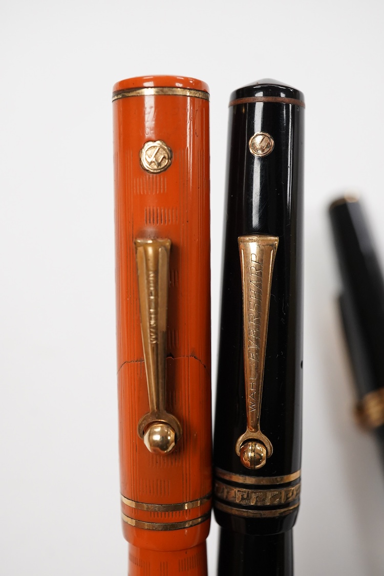 A Wahl Eversharp red hard rubber pen (crack to cap) and two other Wahl pens for spares